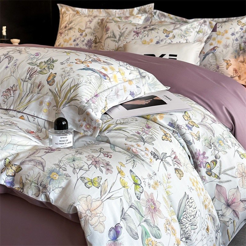 Premium Cotton Floral Print 4-Piece Bedding Set - Soft Botanical Duvet Cover