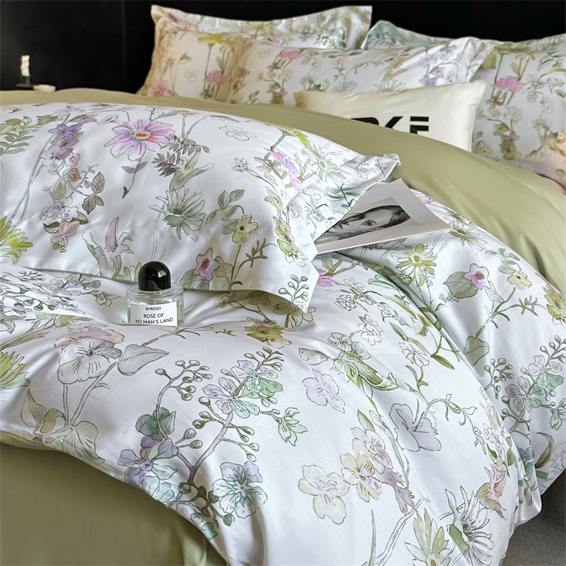 Premium Cotton Floral Print 4-Piece Bedding Set - Soft Botanical Duvet Cover
