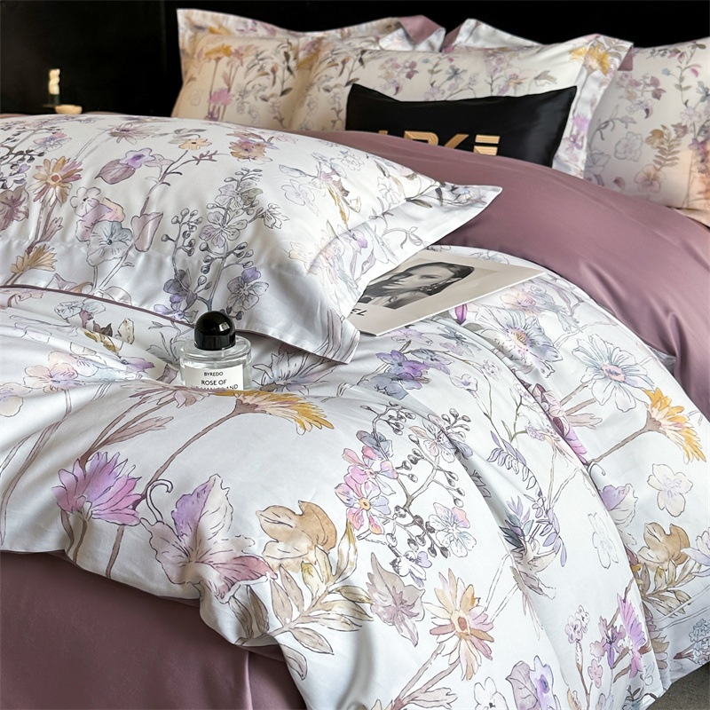 Premium Cotton Floral Print 4-Piece Bedding Set - Soft Botanical Duvet Cover