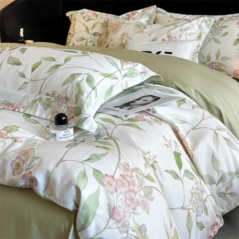 Premium Cotton Floral Print 4-Piece Bedding Set - Soft Botanical Duvet Cover