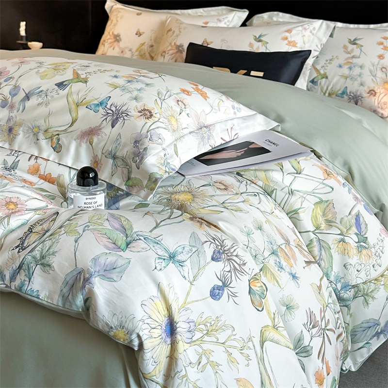 Premium Cotton Floral Print 4-Piece Bedding Set - Soft Botanical Duvet Cover