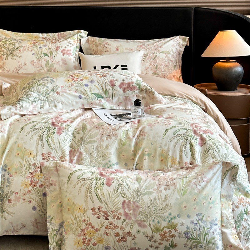 Premium Cotton Floral Print 4-Piece Bedding Set - Soft Botanical Duvet Cover