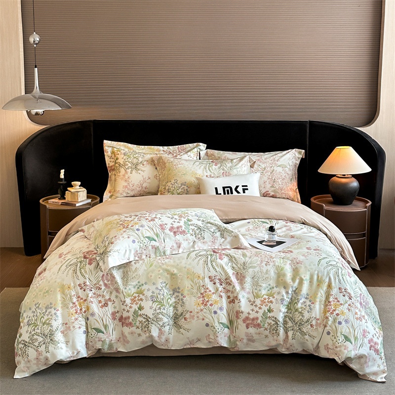 Premium Cotton Floral Print 4-Piece Bedding Set - Soft Botanical Duvet Cover