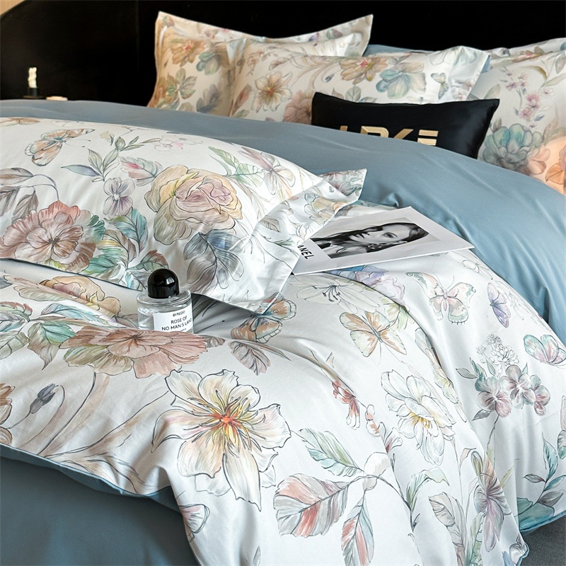 Premium Cotton Floral Print 4-Piece Bedding Set - Soft Botanical Duvet Cover