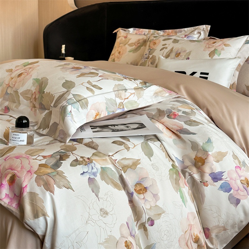 Premium Cotton Floral Print 4-Piece Bedding Set - Soft Botanical Duvet Cover
