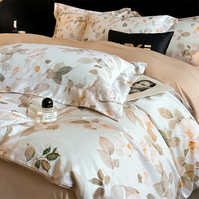 Premium Cotton Floral Print 4-Piece Bedding Set - Soft Botanical Duvet Cover