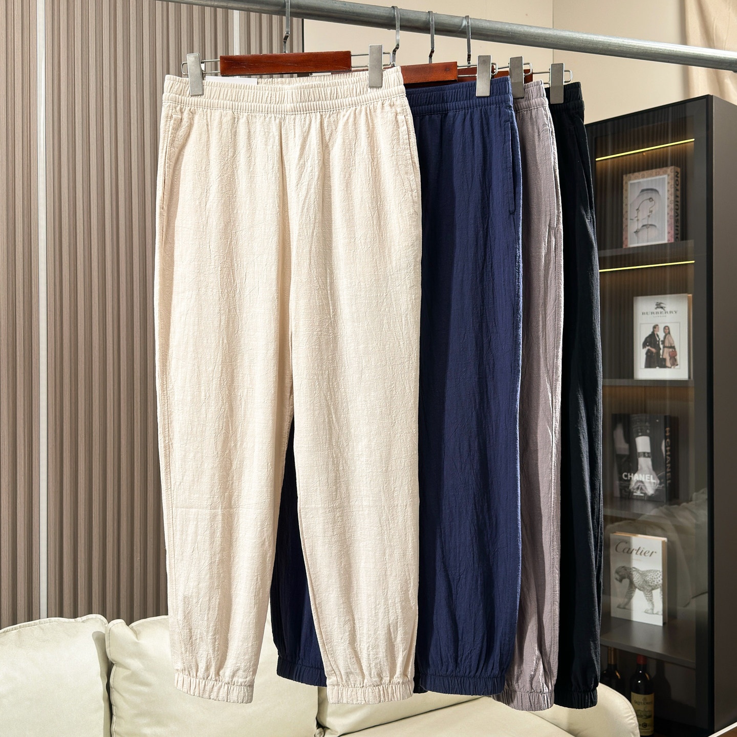Pantaloni da jogging da uomo in misto cotone/lino - Pantaloni casual con elastico in vita