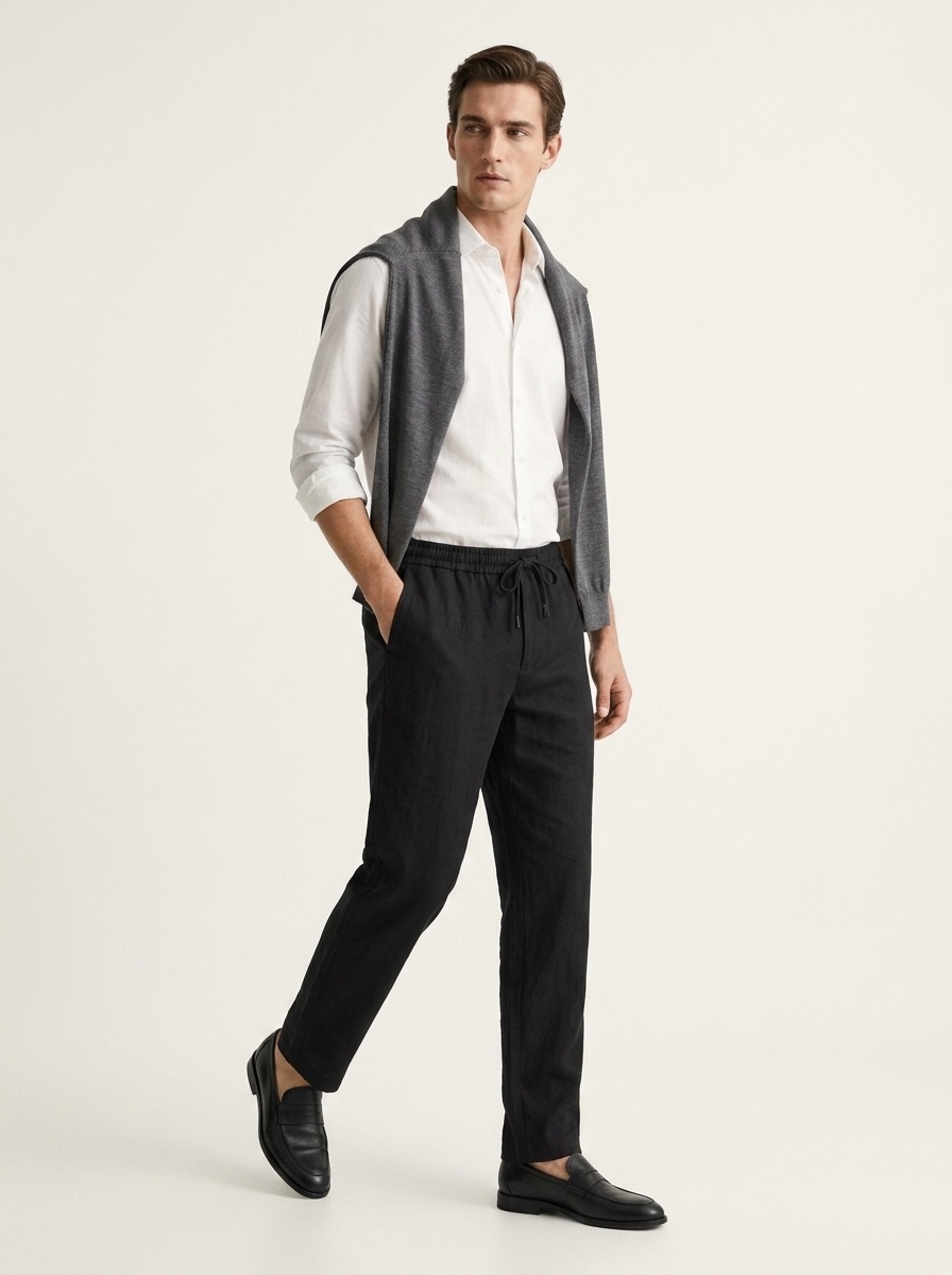 Pantaloni dritti da donna casual in misto lyocell e lino con elastico in vita.