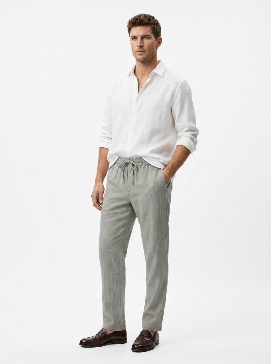Pantaloni dritti da donna casual in misto lyocell e lino con elastico in vita.