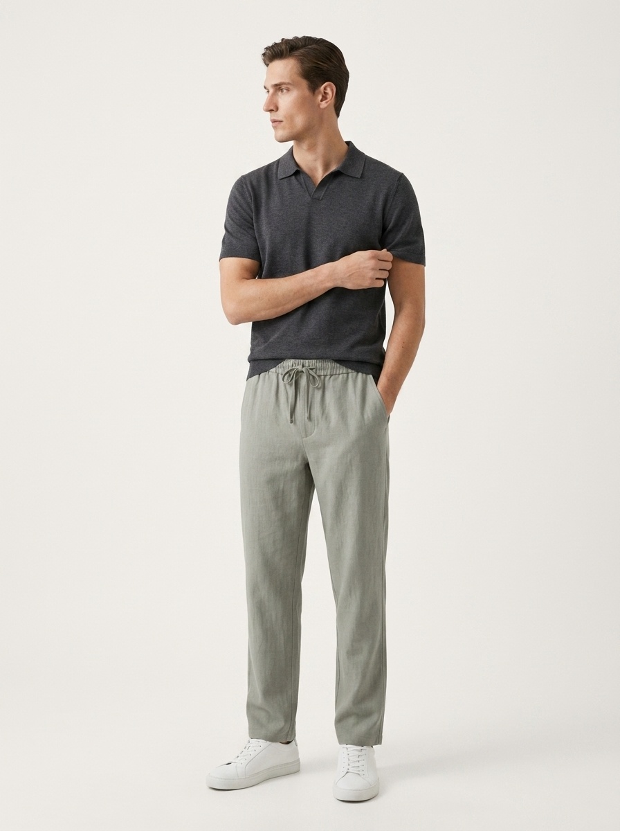 Pantaloni dritti da donna casual in misto lyocell e lino con elastico in vita.