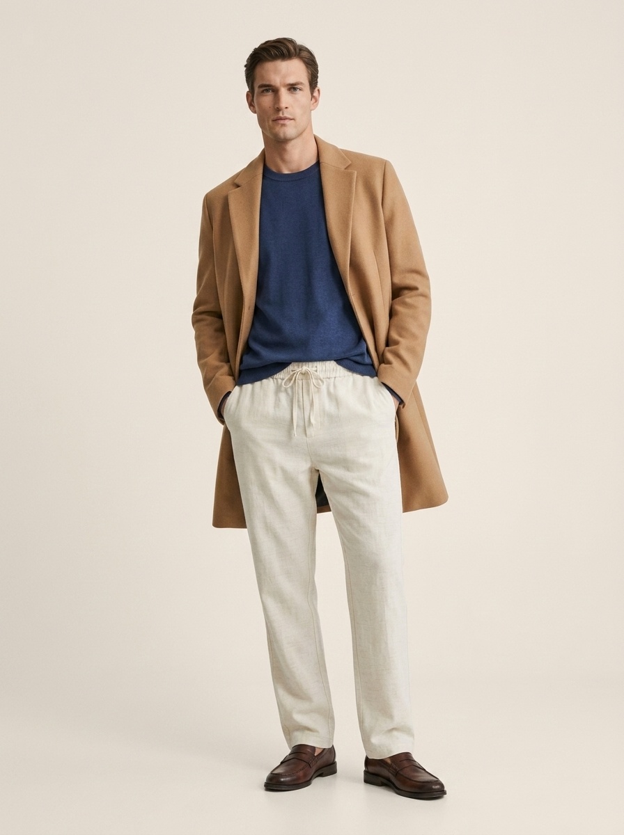 Pantaloni dritti da donna casual in misto lyocell e lino con elastico in vita.