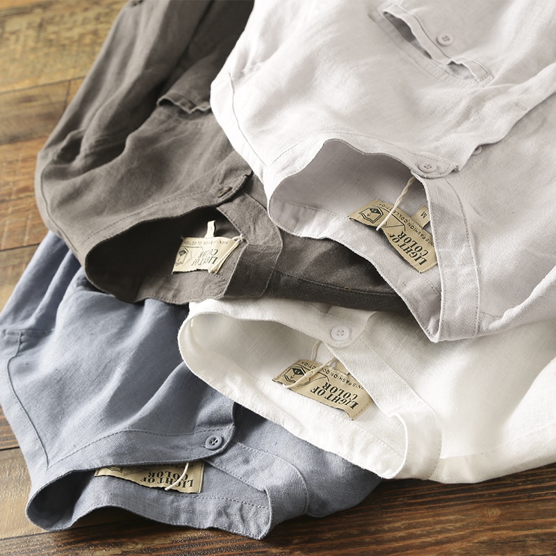 Camicia da uomo in misto 42% lino con colletto alla coreana - Maniche a 3/4 casual