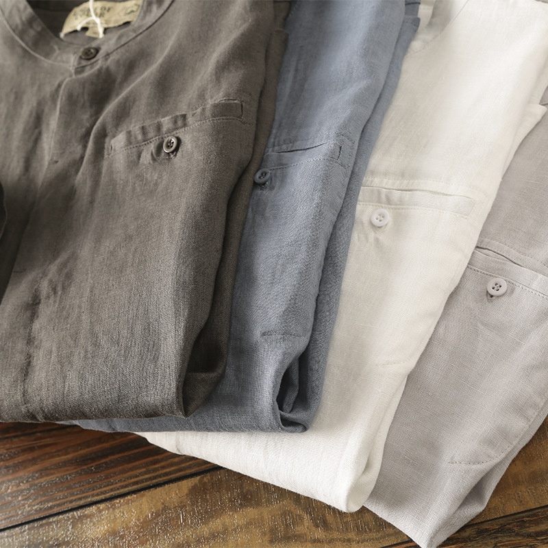Camicia da uomo in misto 42% lino con colletto alla coreana - Maniche a 3/4 casual