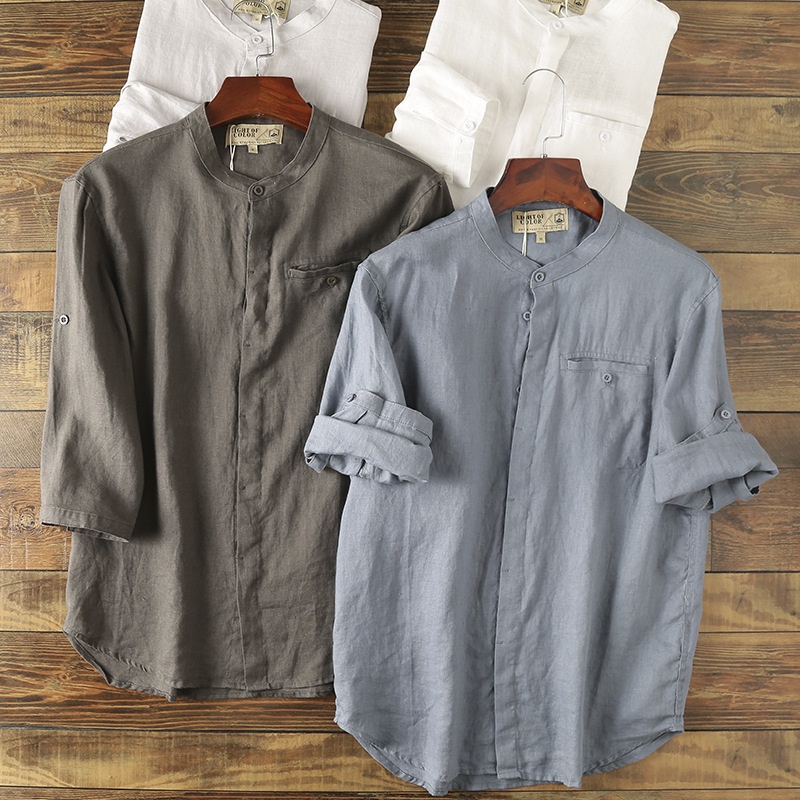 Camicia da uomo in misto 42% lino con colletto alla coreana - Maniche a 3/4 casual