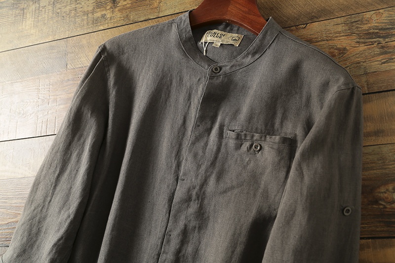Camicia da uomo in misto 42% lino con colletto alla coreana - Maniche a 3/4 casual