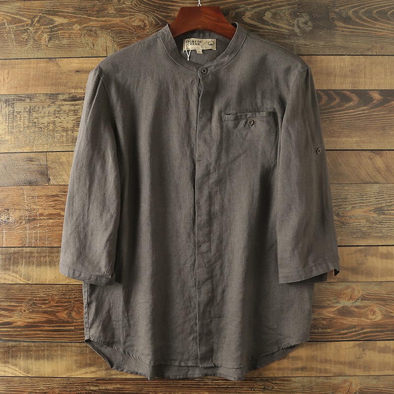 Camicia da uomo in misto 42% lino con colletto alla coreana - Maniche a 3/4 casual