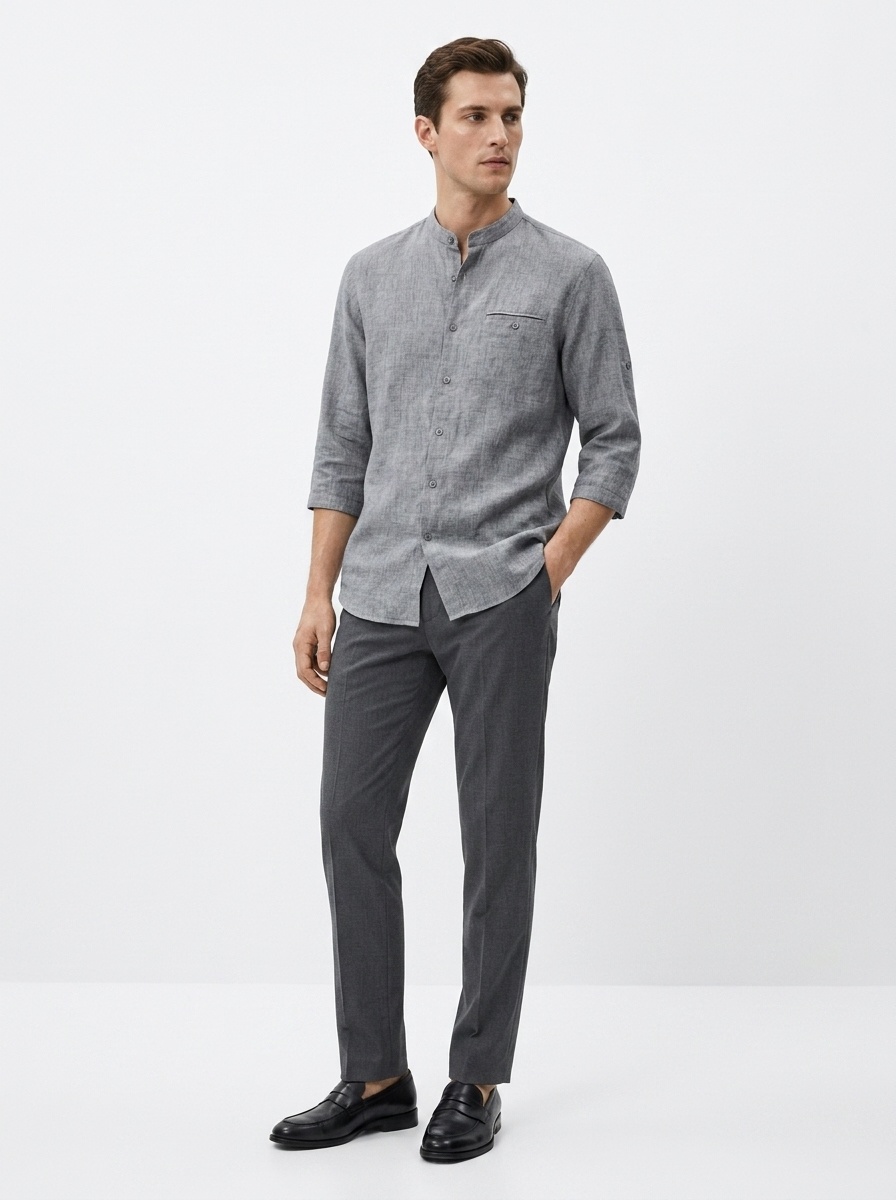 Camicia da uomo in misto 42% lino con colletto alla coreana - Maniche a 3/4 casual