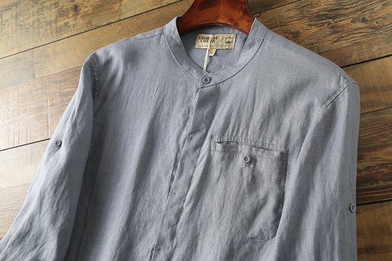 Camicia da uomo in misto 42% lino con colletto alla coreana - Maniche a 3/4 casual