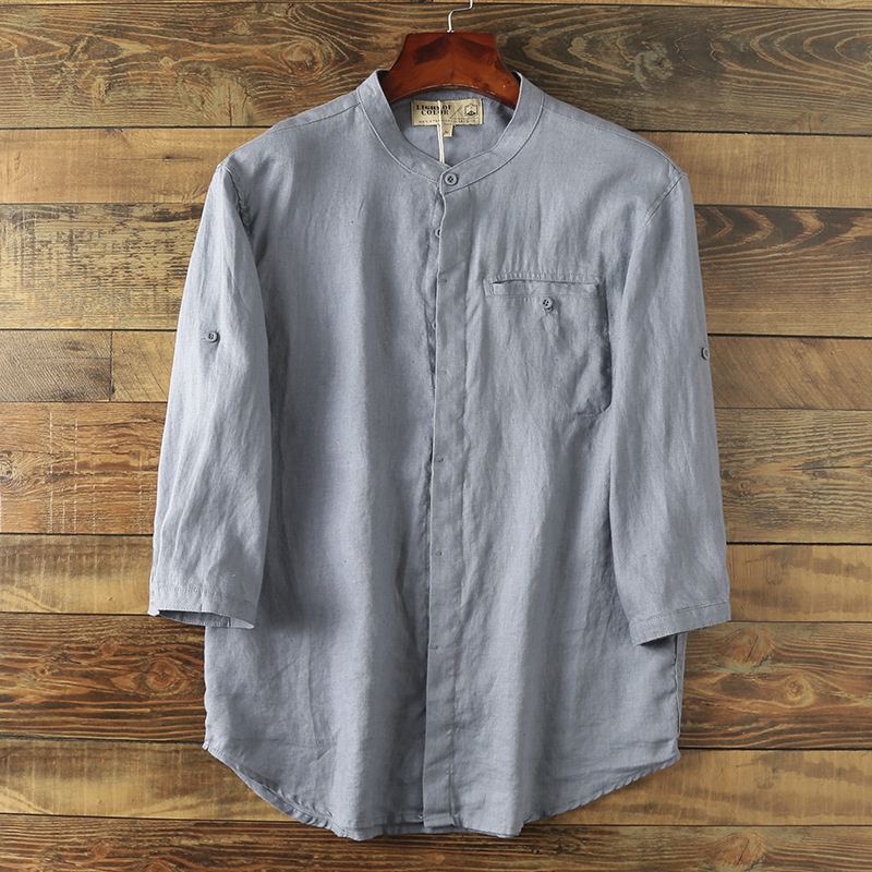 Camicia da uomo in misto 42% lino con colletto alla coreana - Maniche a 3/4 casual