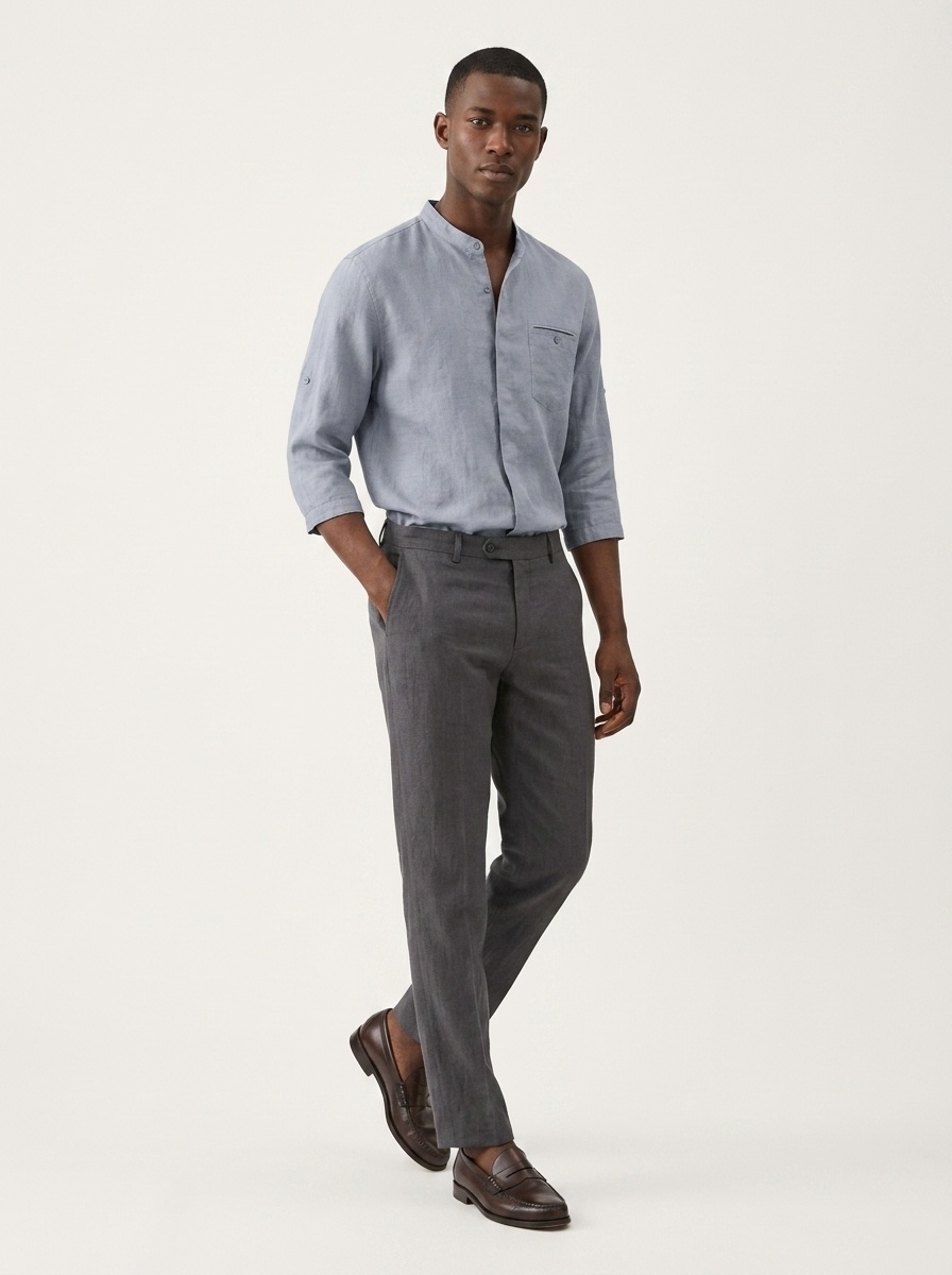 Camicia da uomo in misto 42% lino con colletto alla coreana - Maniche a 3/4 casual