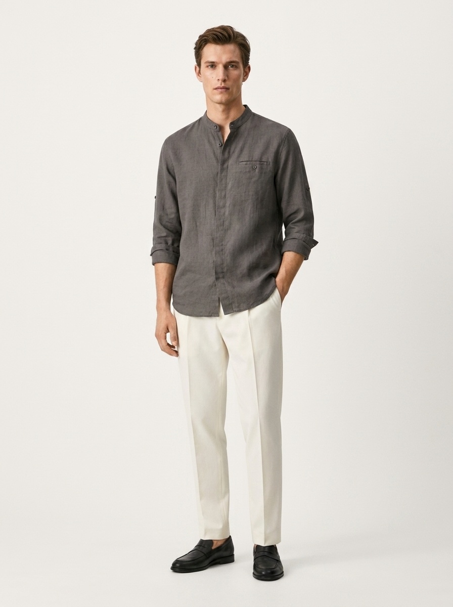 Camicia da uomo in misto 42% lino con colletto alla coreana - Maniche a 3/4 casual