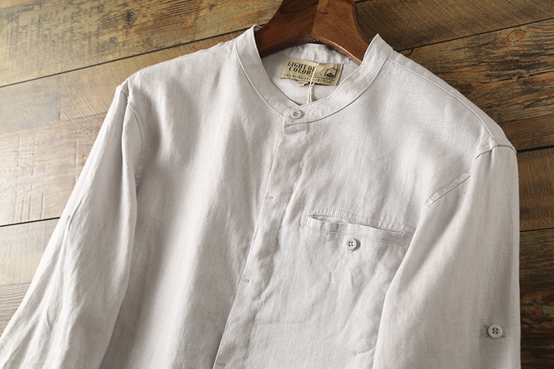 Camicia da uomo in misto 42% lino con colletto alla coreana - Maniche a 3/4 casual