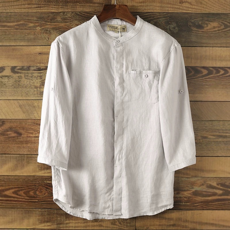 Camicia da uomo in misto 42% lino con colletto alla coreana - Maniche a 3/4 casual