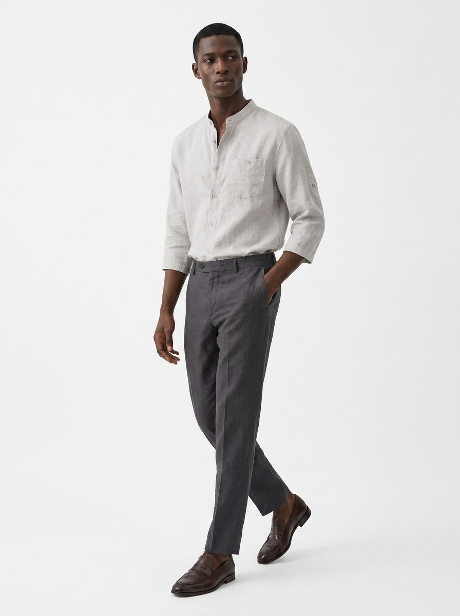 Camicia da uomo in misto 42% lino con colletto alla coreana - Maniche a 3/4 casual