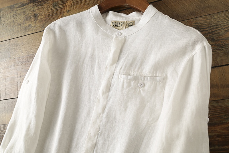 Camicia da uomo in misto 42% lino con colletto alla coreana - Maniche a 3/4 casual