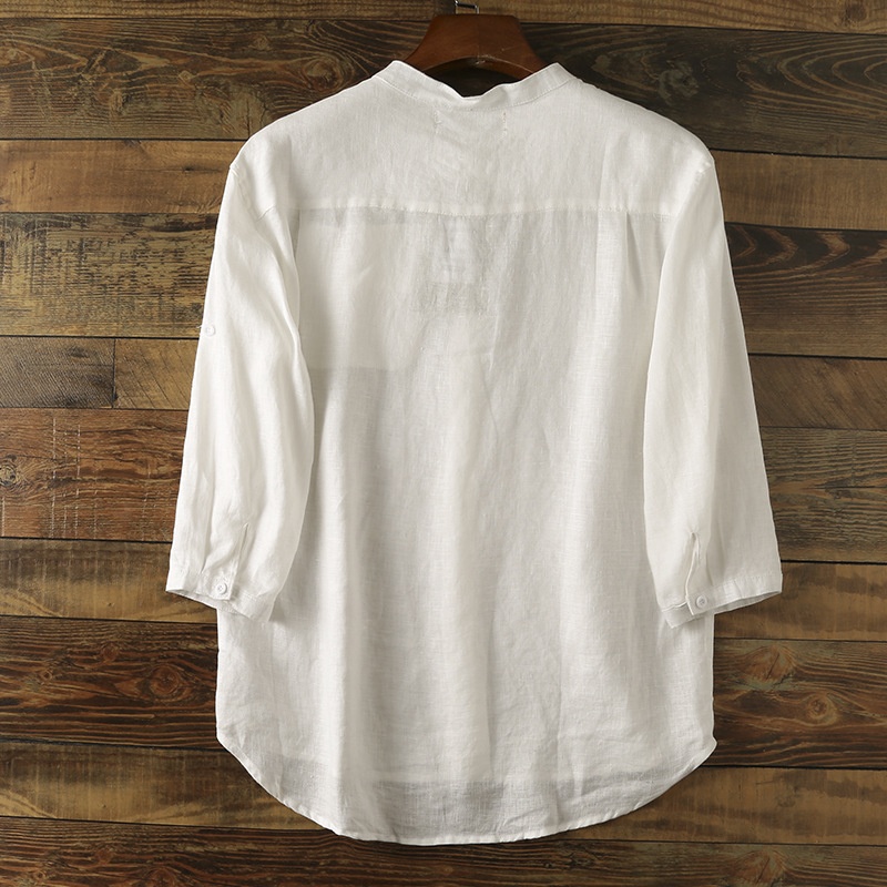 Camicia da uomo in misto 42% lino con colletto alla coreana - Maniche a 3/4 casual