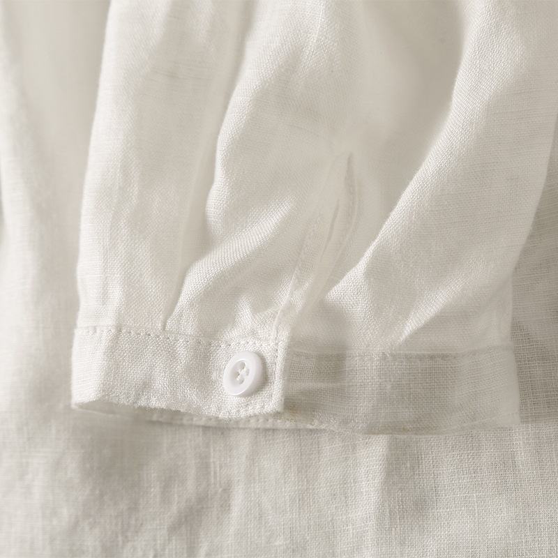 Camicia da uomo in misto 42% lino con colletto alla coreana - Maniche a 3/4 casual