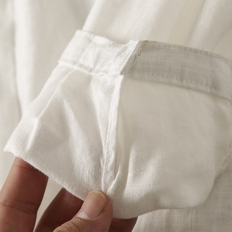 Camicia da uomo in misto 42% lino con colletto alla coreana - Maniche a 3/4 casual