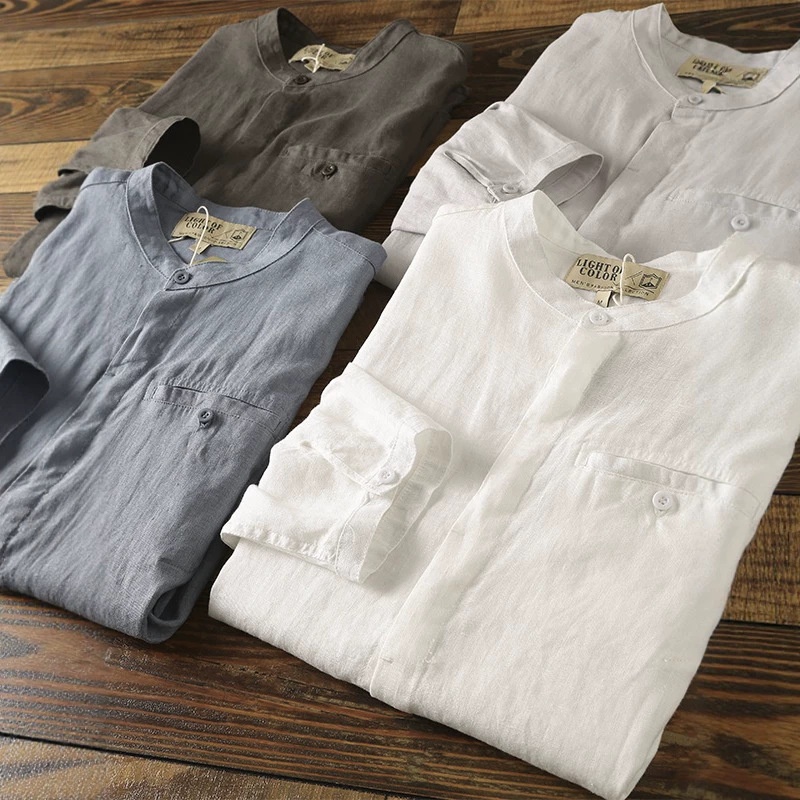 Camicia da uomo in misto 42% lino con colletto alla coreana - Maniche a 3/4 casual