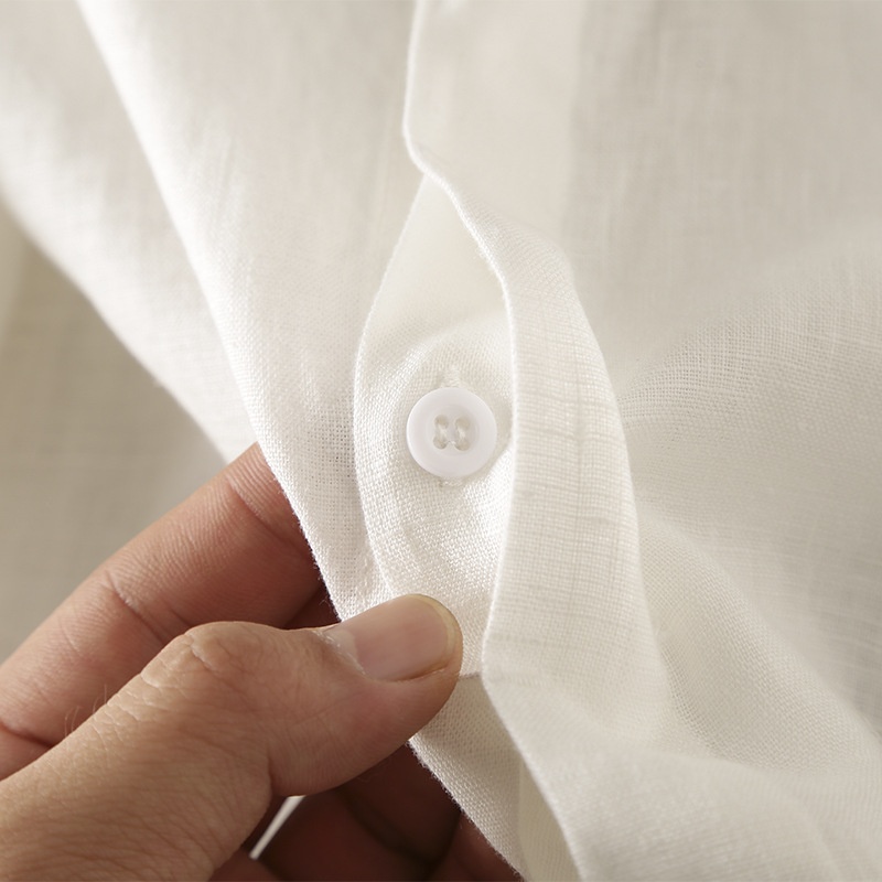 Camicia da uomo in misto 42% lino con colletto alla coreana - Maniche a 3/4 casual