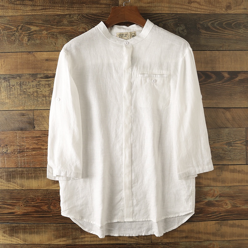 Camicia da uomo in misto 42% lino con colletto alla coreana - Maniche a 3/4 casual