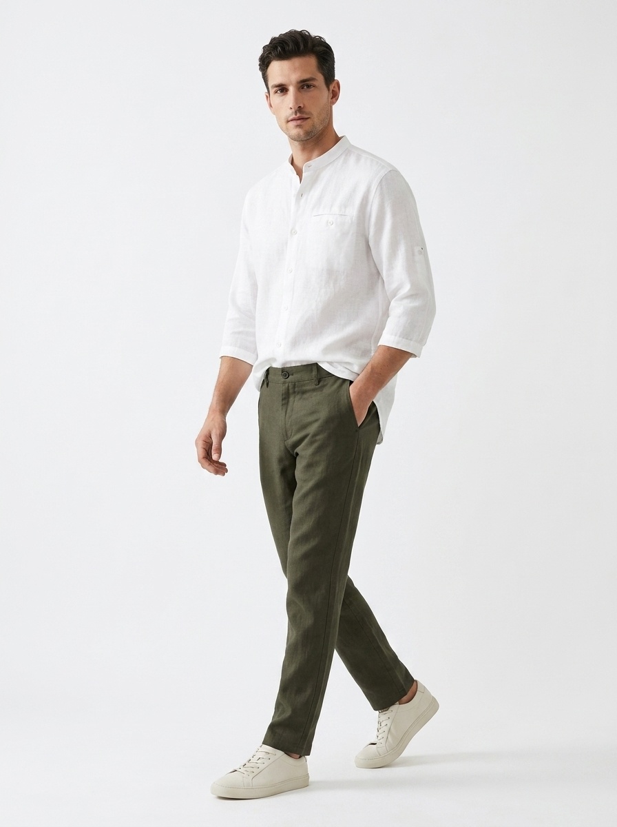 Camicia da uomo in misto 42% lino con colletto alla coreana - Maniche a 3/4 casual