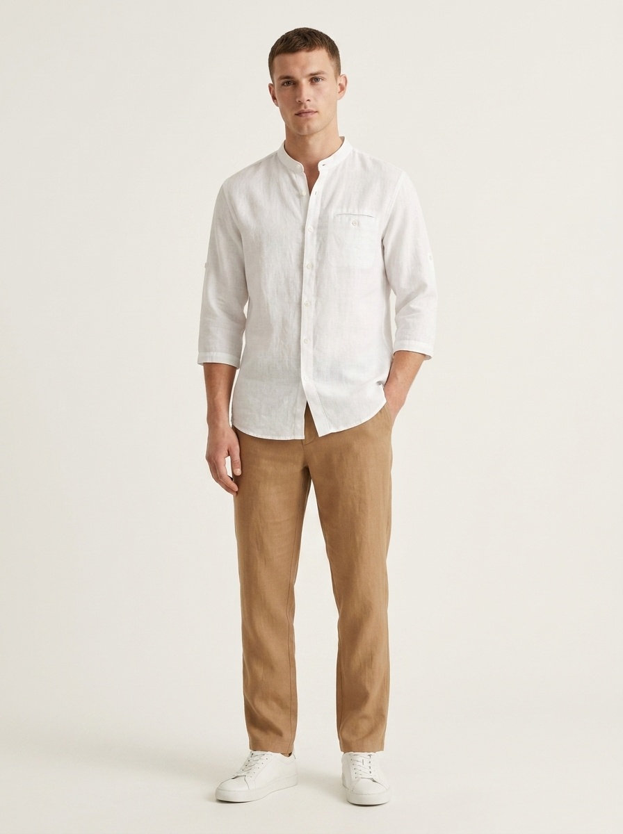 Camicia da uomo in misto 42% lino con colletto alla coreana - Maniche a 3/4 casual
