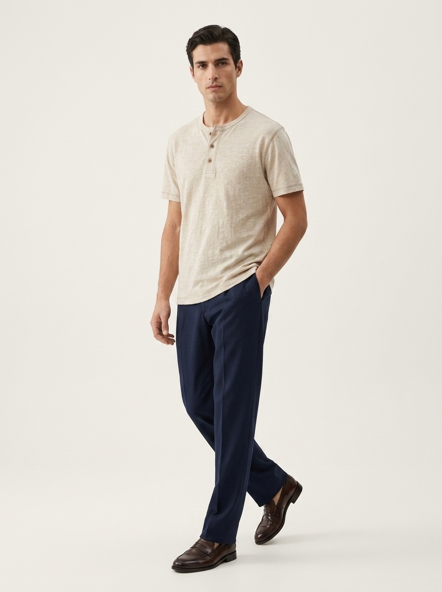 T-shirt Henley da uomo casual in maglia slub 95% cotone 5% lino - Maniche corte in cotone e lino