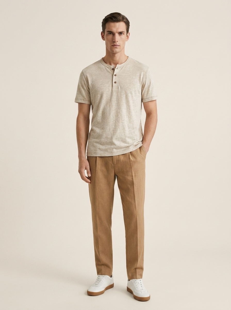 T-shirt Henley da uomo casual in maglia slub 95% cotone 5% lino - Maniche corte in cotone e lino
