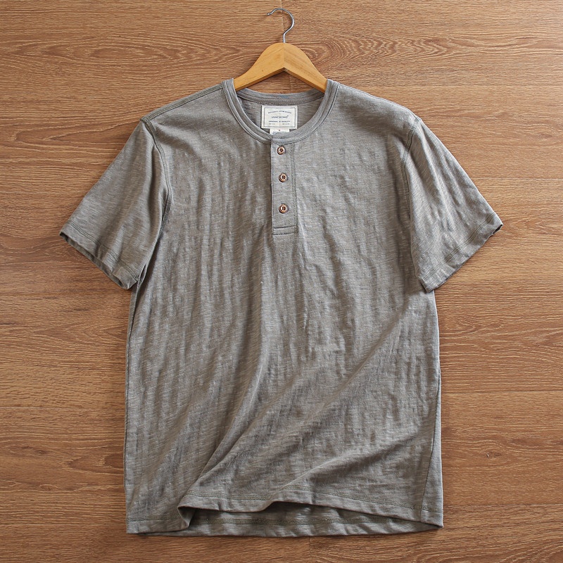 T-shirt Henley da uomo casual in maglia slub 95% cotone 5% lino - Maniche corte in cotone e lino