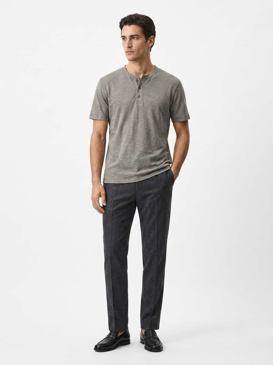 T-shirt Henley da uomo casual in maglia slub 95% cotone 5% lino - Maniche corte in cotone e lino