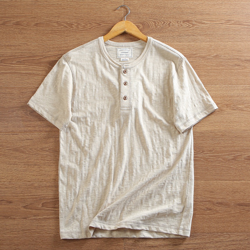 T-shirt Henley da uomo casual in maglia slub 95% cotone 5% lino - Maniche corte in cotone e lino