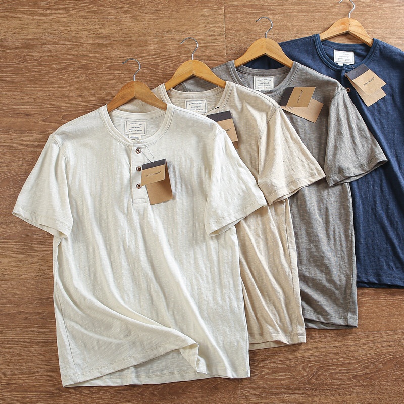 T-shirt Henley da uomo casual in maglia slub 95% cotone 5% lino - Maniche corte in cotone e lino
