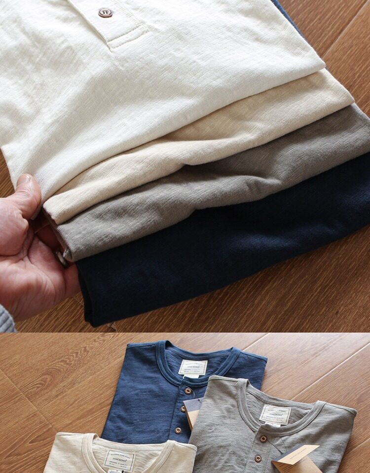 T-shirt Henley da uomo casual in maglia slub 95% cotone 5% lino - Maniche corte in cotone e lino