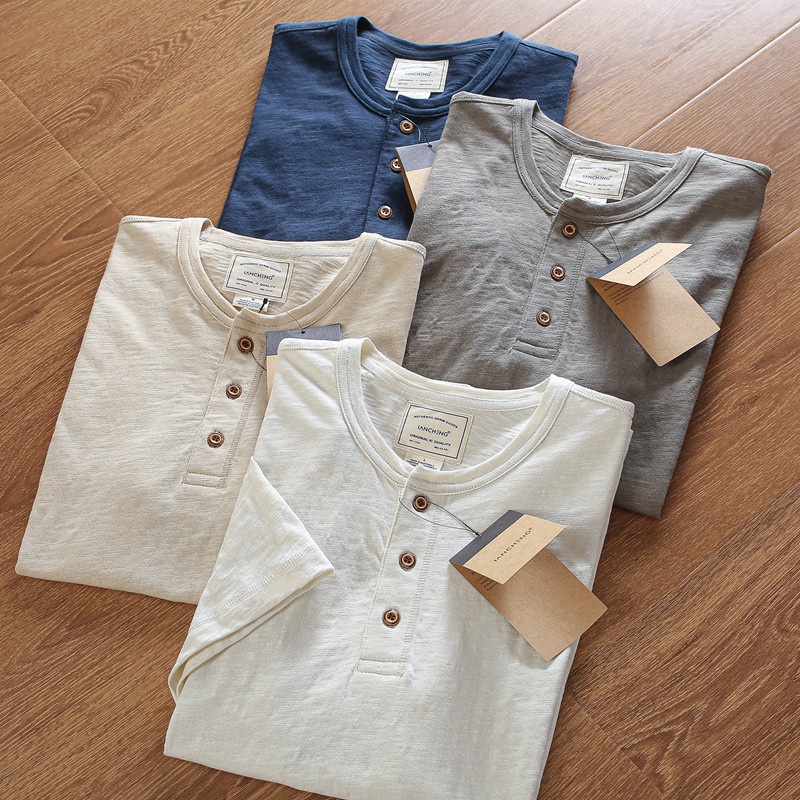T-shirt Henley da uomo casual in maglia slub 95% cotone 5% lino - Maniche corte in cotone e lino