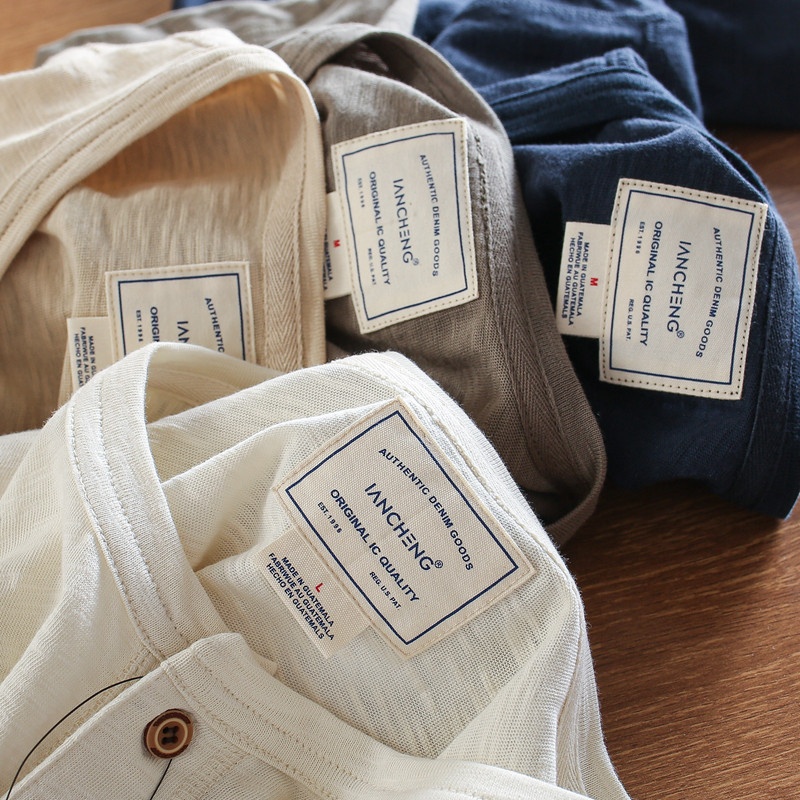 T-shirt Henley da uomo casual in maglia slub 95% cotone 5% lino - Maniche corte in cotone e lino