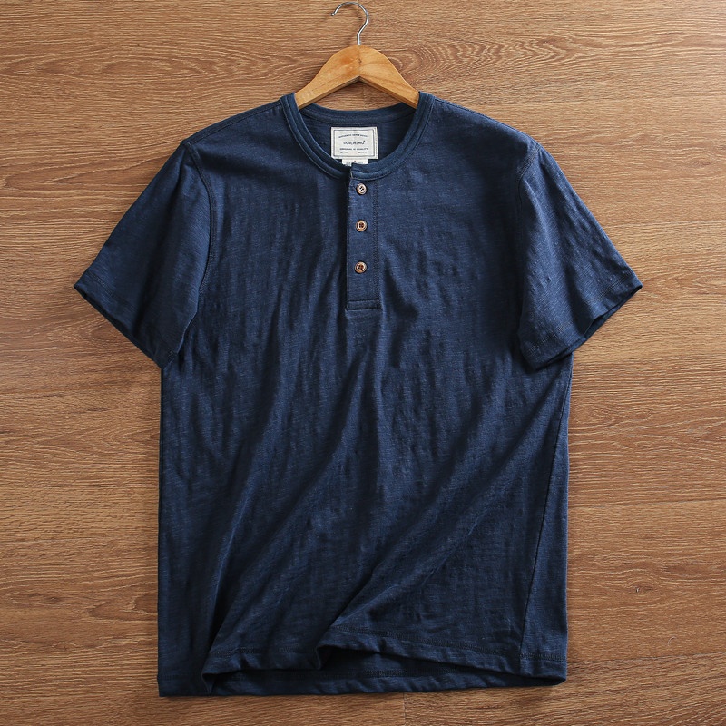 T-shirt Henley da uomo casual in maglia slub 95% cotone 5% lino - Maniche corte in cotone e lino