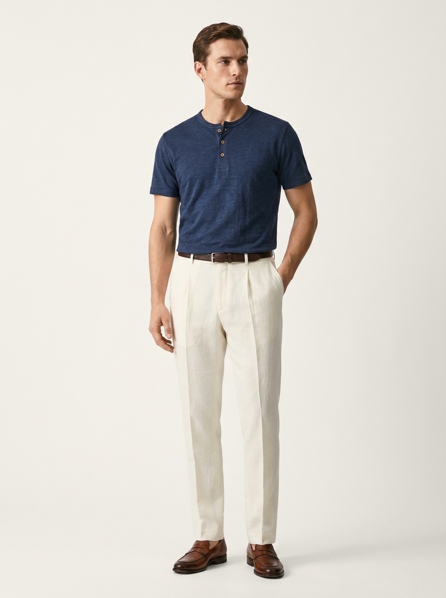 T-shirt Henley da uomo casual in maglia slub 95% cotone 5% lino - Maniche corte in cotone e lino