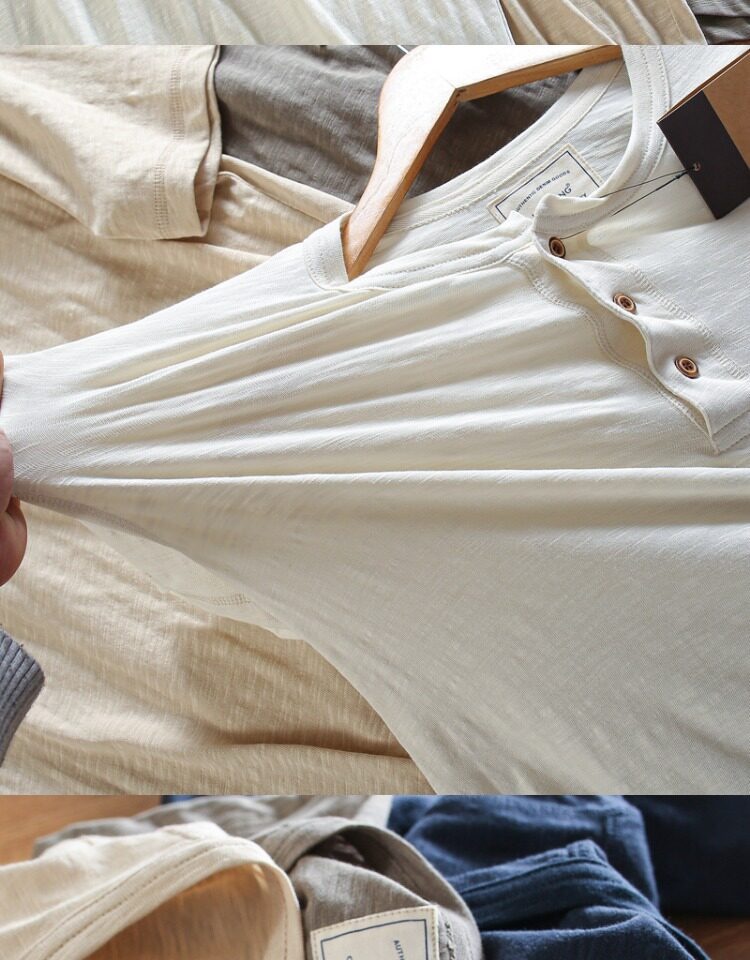 T-shirt Henley da uomo casual in maglia slub 95% cotone 5% lino - Maniche corte in cotone e lino