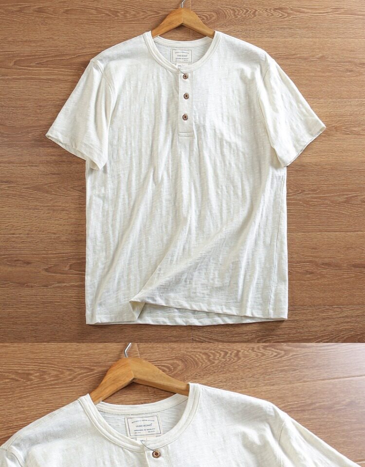T-shirt Henley da uomo casual in maglia slub 95% cotone 5% lino - Maniche corte in cotone e lino